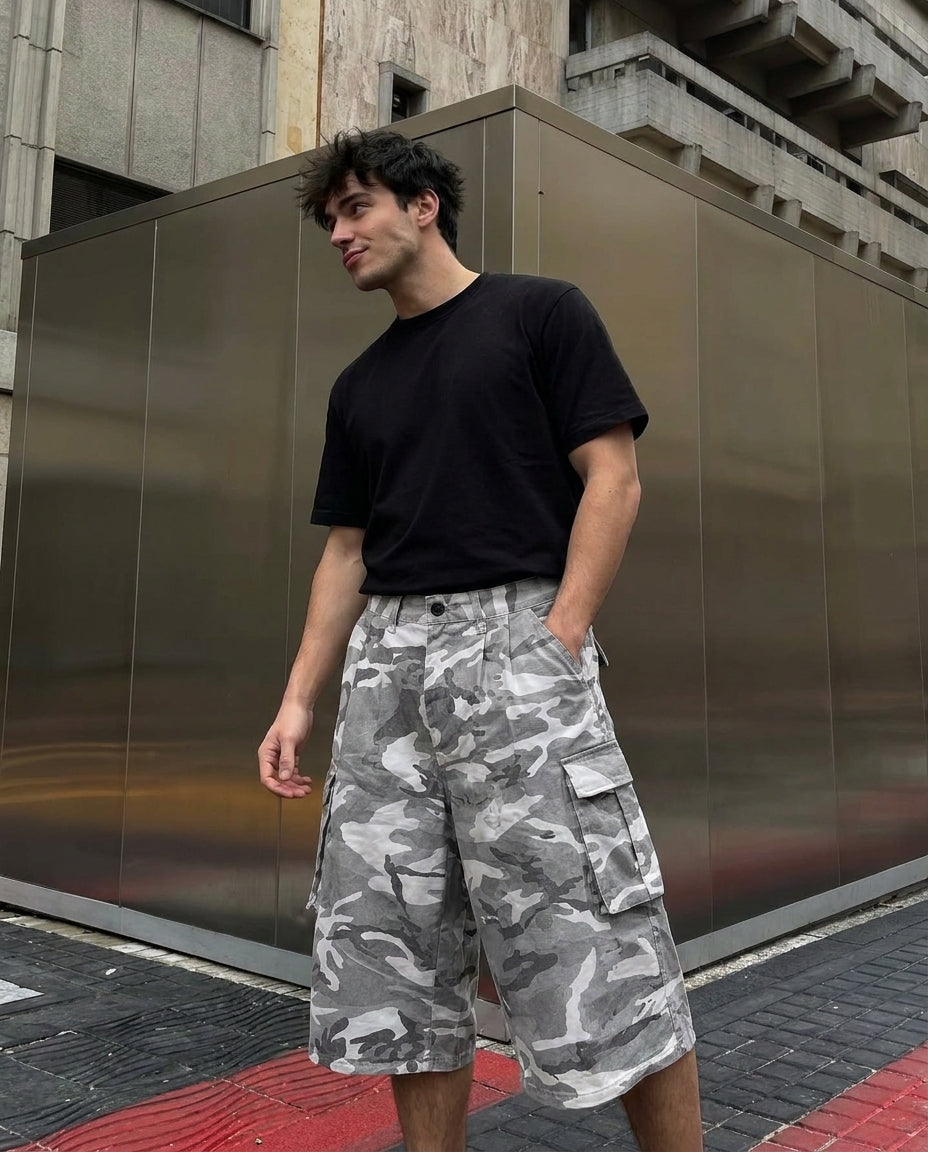UNSEEN-Studios Gray Wide Leg Camo Cargo Shorts