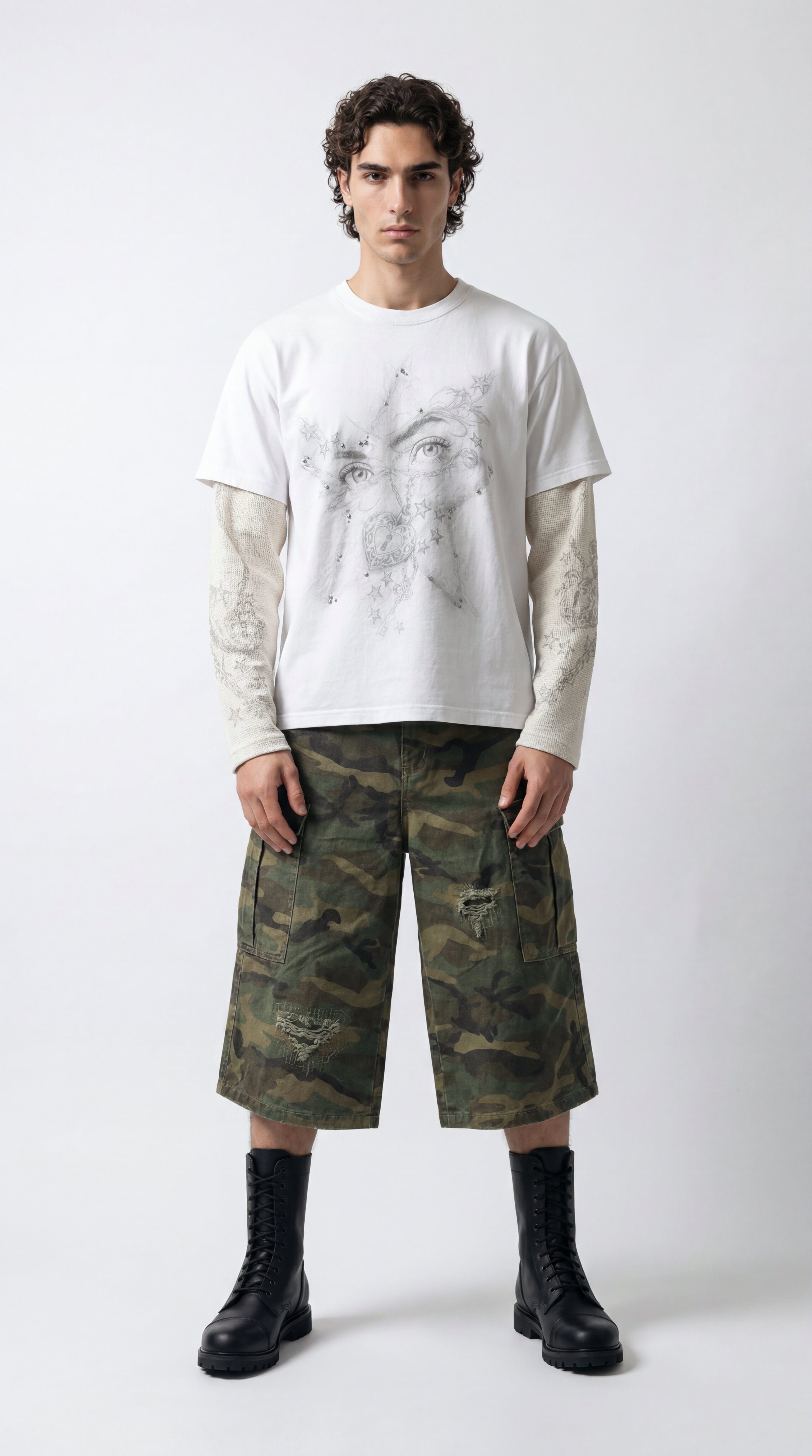 UNSEEN-Studios Anarchy Distressed 3/4 Camo Cargo Shorts