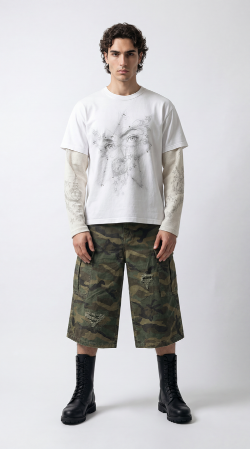 UNSEEN-Studios Anarchy Distressed 3/4 Camo Cargo Shorts