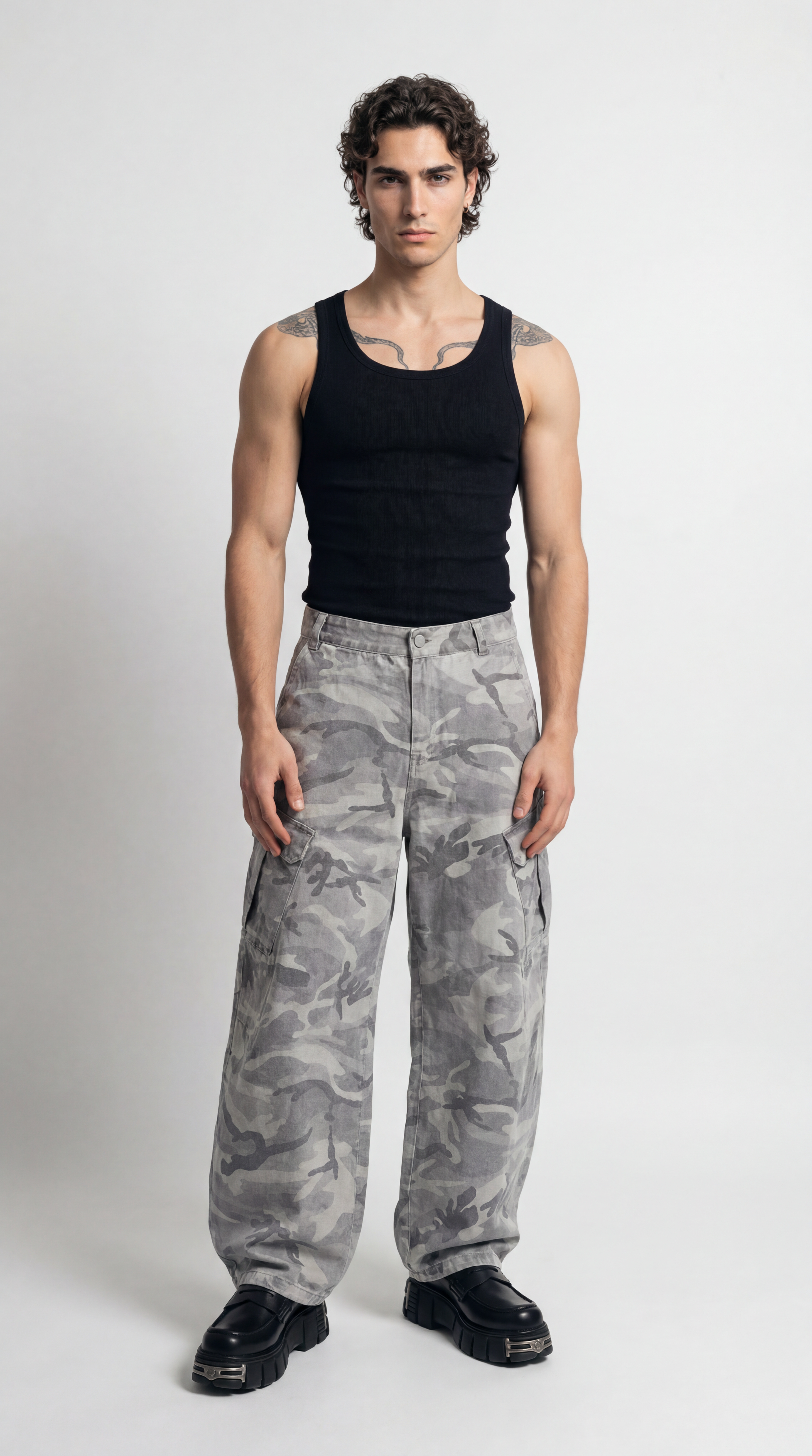 UNSEEN-Studios Grey Wide Leg Camo Cargo Pants