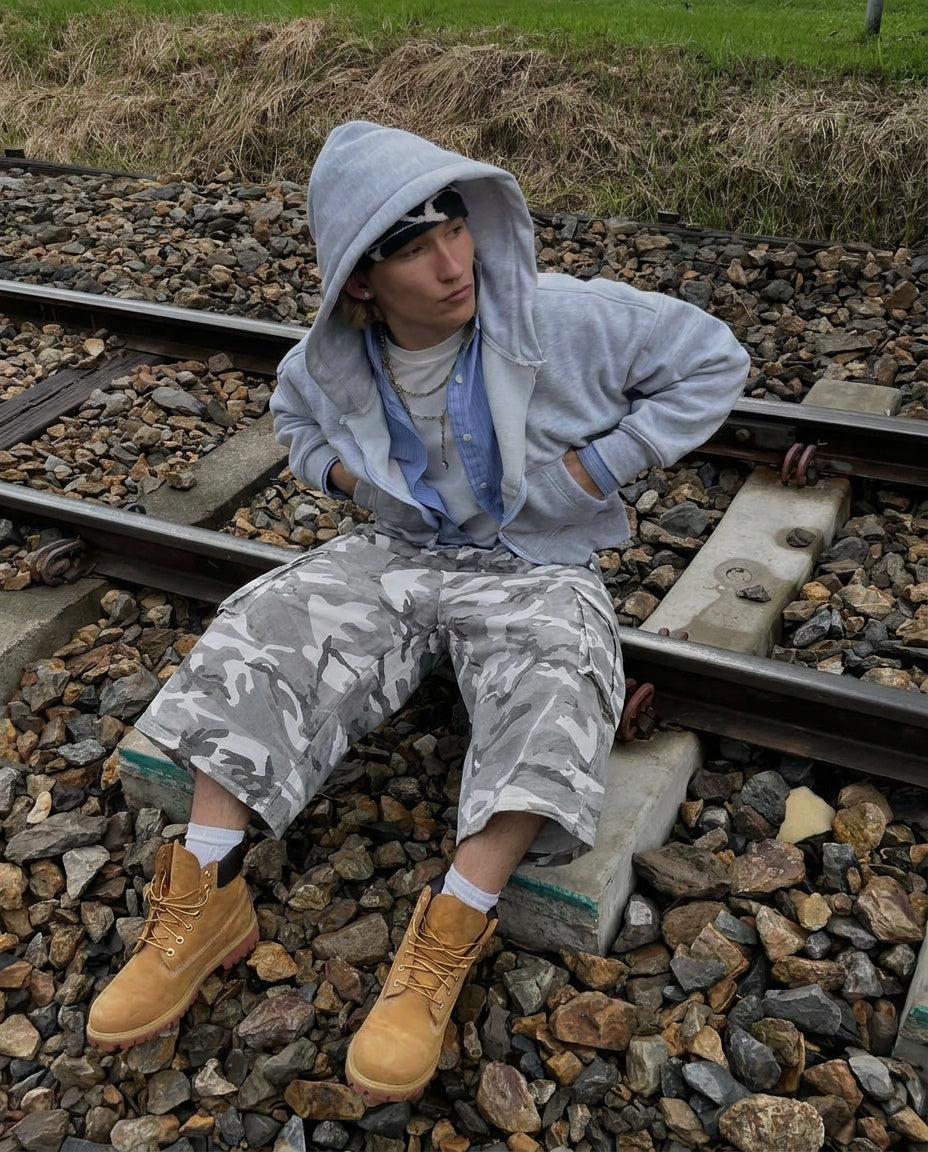 UNSEEN-Studios Gray Wide Leg Camo Cargo Shorts