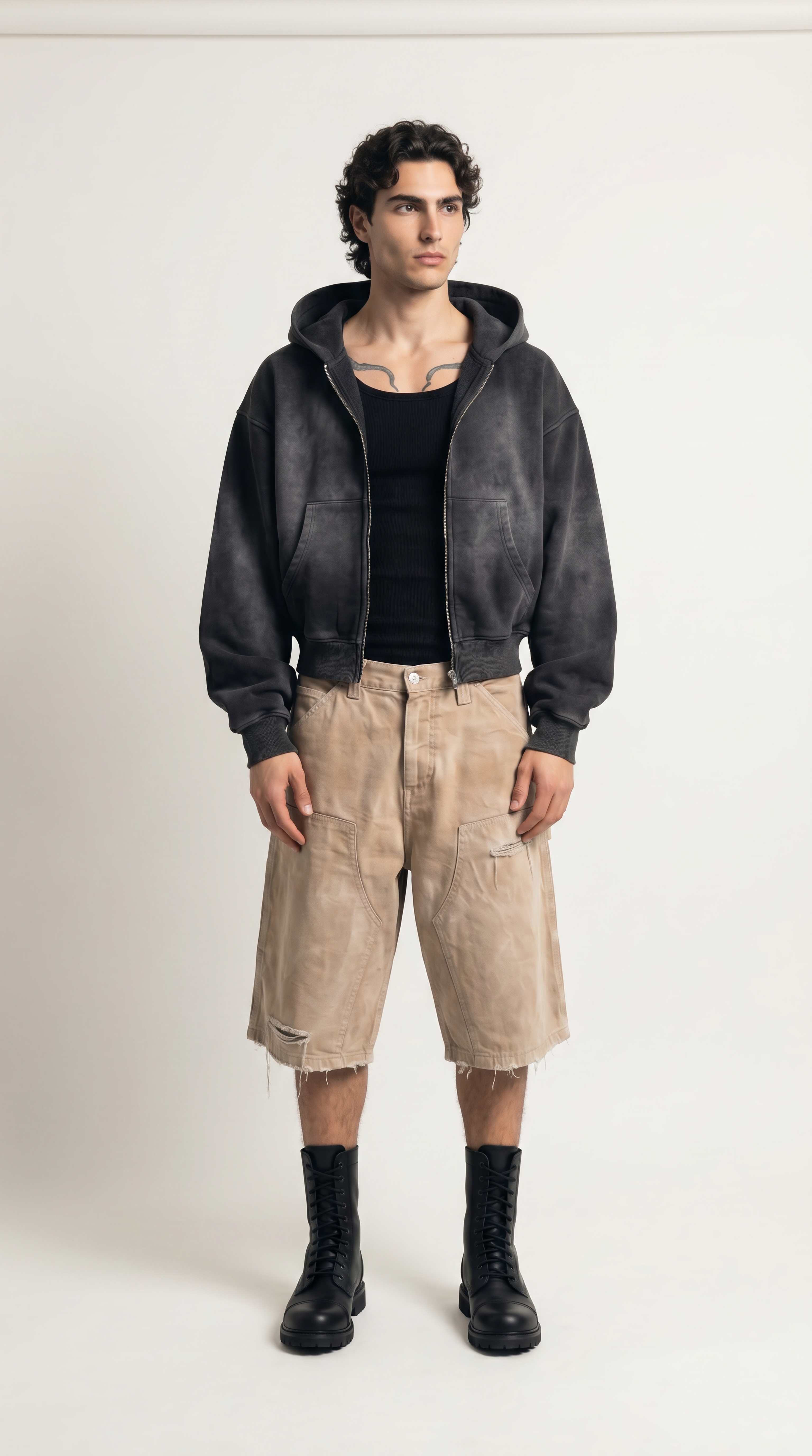 UNSEEN-Studios Distressed Work Shorts Beige