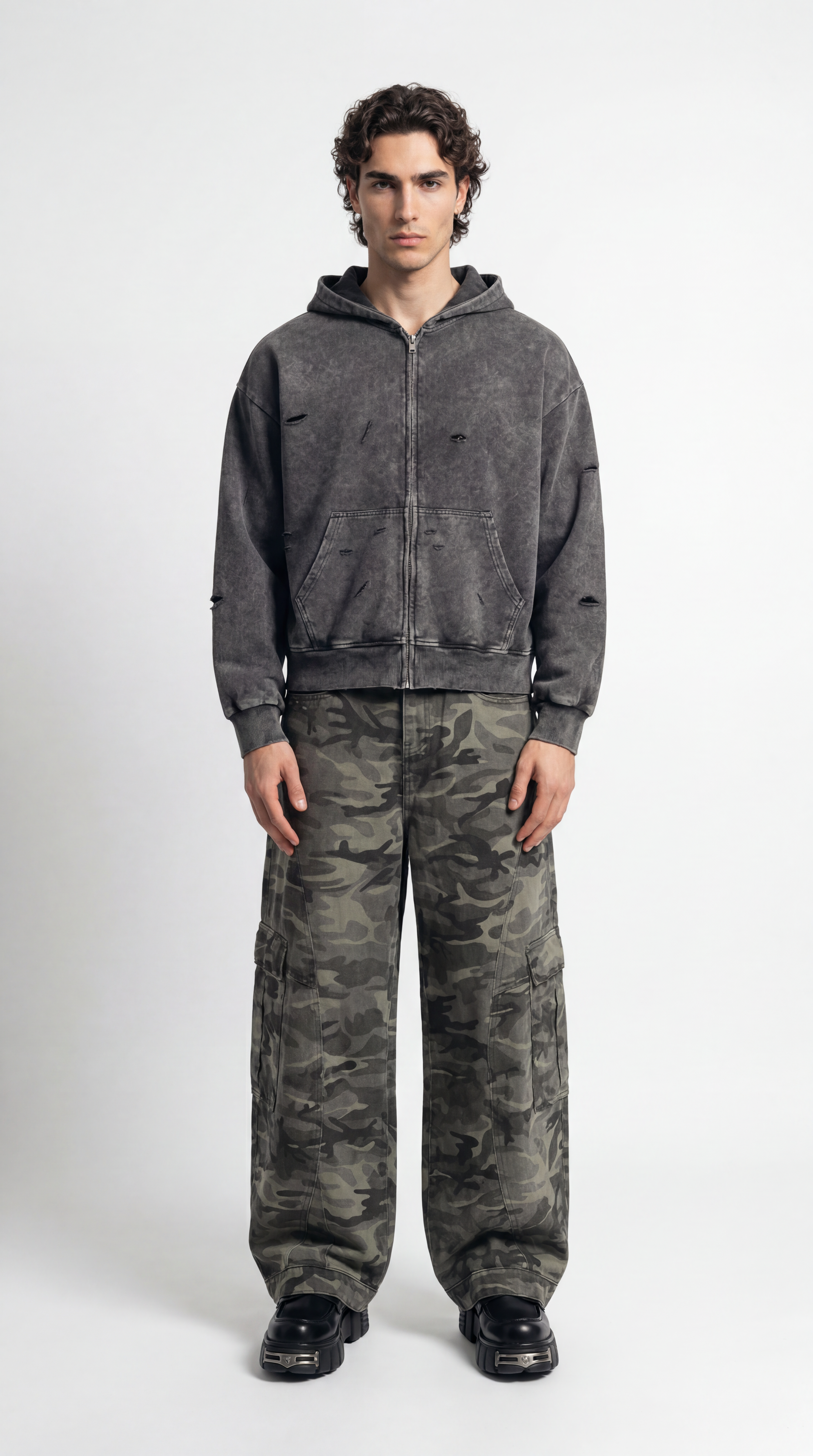 UNSEEN-Studios Washed Distressed Zip Hoodie