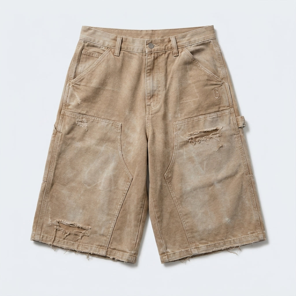 UNSEEN-Studios Distressed Work Shorts Beige